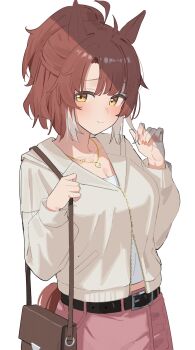 1girl absurdres ahoge animal_ears belt black_belt blush breasts brown_bag cidersour cleavage closed_mouth collarbone commentary_request dantsu_flame_(casual)_(umamusume) dantsu_flame_(umamusume) fingernails highres horse_ears horse_girl horse_tail jewelry looking_at_viewer multiple_tails nail_polish necklace pants pink_pants red_nails short_hair simple_background solo tail two_tails umamusume white_background white_hair