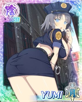 1girl :o ass baton_(weapon) bent_over blue_eyes blue_shirt blue_skirt border breasts card_(medium) character_name cropped_shirt cuffs day from_behind game_cg grey_hair hand_on_own_thigh handcuffs hat holding holding_whistle large_breasts leaning_forward looking_at_viewer looking_back medium_hair midriff official_art outdoors pencil_skirt police police_hat police_uniform policewoman senran_kagura senran_kagura_new_wave shirt skirt solo third-party_source weapon whistle yumi_(senran_kagura)
