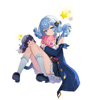 1girl absurdres black_dress black_shoes blue_coat blue_eyes blue_hair character_doll charlotte_(solo_leveling) coat doll dress full_body harper_(solo_leveling) highres holding holding_stuffed_toy honkai:_star_rail honkai_(series) looking_at_viewer official_art open_clothes open_coat shoes simple_background sitting sleeveless sleeveless_dress socks solo solo_leveling solo_leveling:_arise stuffed_toy transparent_background two-sided_fabric white_dress white_socks