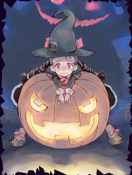 Rule 34 | 1girl, atsushi miyaji, black dress, black hat, black shoes, bow, braid, braided twintails, brown hair, commentary request, dress, eyed silhouette, footwear bow, fur-trimmed dress, fur trim, halloween, hat, hat ornament, jack-o'-lantern, juliet sleeves, long sleeves, looking at viewer, open mouth, original, pink eyes, puffy sleeves, pumpkin, red bow, red eyes, shoes, silhouette, sitting, skull hat ornament, sleeve cuffs, smile, solo, twin braids, twintails, witch, witch hat