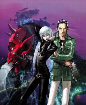 1girl 2boys absurdres artist_name azazel_(megami_tensei) beard black_hair bodysuit colored_skin demon demon_(megami_tensei) devil_summoner:_soul_hackers devil_summoner_(series) earrings eyewear_on_head facial_hair gump_(devil_summoner) highres holding holding_weapon horns jacket jewelry kazuma_kaneko landscape lipstick makeup multiple_boys nemissa official_art one_eye_closed pale_skin photoshop_(medium) pointy_ears protagonist_(soul_hackers) red_skin scan screw shin_megami_tensei shiraishi_megumi_(colorist) signature third-party_source watch weapon white_hair wristwatch zipper