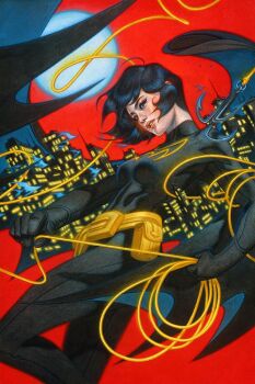 1girl acrylic_paint_(medium) batgirl belt black_bodysuit black_gloves black_hair bodysuit breasts cassandra_cain city_lights colored_pencil_(medium) cowboy_shot dc_comics feet_out_of_frame full_moon gloves gold_belt holding_lasso lasso medium_breasts moon my_name_is_tran painting_(medium) parted_lips red_background short_hair solo superhero_costume traditional_media turtleneck turtleneck_bodysuit