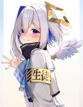 1girl absurdres aiguillette amane_kanata amane_kanata_(1st_costume) angel_wings armband blue_bow blue_bowtie blue_hair bob_cut bow bowtie buket_pudding_i closed_mouth colored_inner_hair commentary_request cropped_jacket detached_wings feathered_wings from_side grey_hair grey_jacket halo highres hololive jacket long_sleeves looking_at_viewer mini_wings multicolored_hair pink_streaks purple_eyes sailor_collar short_hair simple_background single_hair_intake sleeve_cuffs smile solo star_halo streaked_hair tearing_up tilted_halo turtleneck virtual_graduation_commemoration virtual_youtuber waving white_background white_sailor_collar white_wings wings