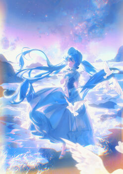1girl backlighting bird black_bow black_bowtie blue_bonnet blue_eyes blue_hair blue_skirt blue_vest bonnet bow bow_choker bowtie choker chromatic_aberration collared_shirt commentary_request dove expressionless fengyanxi floating_hair frilled_skirt frills full_body gloves hand_on_own_chest hatsune_miku high_collar highres long_hair long_skirt looking_ahead ocean outdoors parted_lips petticoat puffy_short_sleeves puffy_sleeves purple_sky rock shirt shore short_sleeves skirt sky smoke solo star_(sky) starry_sky twilight twintails very_long_hair vest vocaloid walking wavy_hair white_gloves white_shirt wind