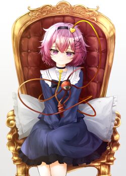 1girl black_choker black_hairband blue_shirt blue_skirt chair choker closed_mouth commentary eyeball frilled_shirt_collar frills gradient_background grey_background hair_ornament hairband heart heart-shaped_pupils heart_hair_ornament highres komeiji_satori looking_at_viewer medium_hair nanahana_nanana on_chair pink_eyes pink_hair ribbon-trimmed_collar ribbon_trim shirt sitting skirt smile solo symbol-shaped_pupils third_eye touhou
