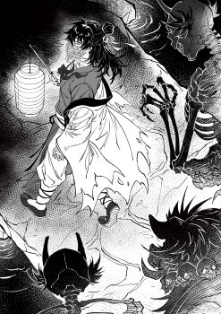 1boy absurdres animal bandaged_chest bandaged_hand bandaged_neck bandages black_nails chinese_clothes coat coin coin_mask creature dao_gui_yi_xian from_above full_body greyscale hair_bun hair_ribbon half_updo hanfu highres holding holding_lantern holed_coin horns jewelry lantern leg_wrap li_huowang li_sui_(tentacles) long_hair long_sleeves looking_at_viewer looking_back male_focus mask monochrome monster mouth_veil nail_polish necklace off_shoulder omigawakurotai open_clothes open_coat pants paper_lantern profile ribbon ripples robe sash shoes single_hair_bun skeleton skull skull_necklace solo_focus standing tentacles tentacles_under_clothes torn_clothes veil walking water wide_sleeves