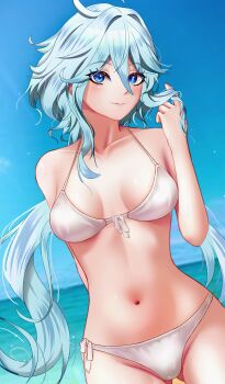 Rule 34 | 1girl, absurdres, alternate costume, arm behind back, bikini, bilingual commentary, blue eyes, blue hair, blue pupils, blue sky, blush, breasts, breasts apart, closed mouth, collarbone, commentary, commentary request, day, drop-shaped pupils, english commentary, furina (genshin impact), genshin impact, gluteal fold, hair between eyes, hand in own hair, heterochromia, highres, long hair, looking at viewer, medium breasts, mixed-language commentary, navel, outdoors, satellux, sky, solo, stomach, swimsuit, symbol-shaped pupils, very long hair, water, white bikini