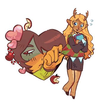 1girl 1other alien_stage antlers apple apple_slice bitten_apple black_dress black_nails blonde_hair blue_eyes book brown_hair candy candy_cane checkered_sweater_vest clothes_grab collared_shirt commentary deer_antlers deer_girl deltarune derivative_work dress english_commentary flying_sweatdrops food food_bite fruit furry furry_female green_sweater_vest highres holding holding_book hooves horns kris_(deltarune) mole mole_under_mouth noelle_holiday open_mouth other_with_female red_eyes shirt shirt_grab susujenii sweater_vest utdr_(toby_fox) white_shirt