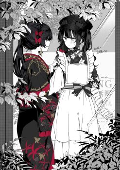 2girls airota alternate_costume alternate_hairstyle bandaged_arm bandages black_choker black_hair black_hat black_kimono braid choker commentary_request dress frilled_dress frills goggles goggles_on_headwear hair_ornament hat highres itadori_yuji japanese_clothes kimono kurobe_nanoka layered_dress leaf long_hair looking_at_another mahou_shoujo_no_majo_saiban multiple_girls nikaido_hiro partially_colored ponytail red_ribbon ribbon twintails watermark white_dress