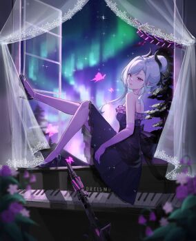 1girl absurdres aurora black_halo blue_archive blush breasts bug butterfly dreiworks dress elbow_gloves gloves grand_piano gun halo highres hina_(blue_archive) hina_(dress)_(blue_archive) insect instrument long_hair looking_at_viewer machine_gun mg42 night piano purple_dress purple_eyes purple_gloves sitting small_breasts solo star_(sky) weapon white_hair