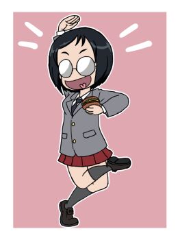 Rule 34 | 1girl, black hair, black necktie, black shoes, blazer, burger, collared shirt, dancing, food, girls und panzer, glasses, grey jacket, grey socks, holding, holding burger, holding food, jacket, katsuya megu, miniskirt, necktie, open mouth, pink background, pleated skirt, red skirt, round eyewear, saunders school uniform, school uniform, shirt, shoes, short hair, simple background, skirt, smile, socks, standing, standing on one leg, takahashi kurage, tongue, white shirt