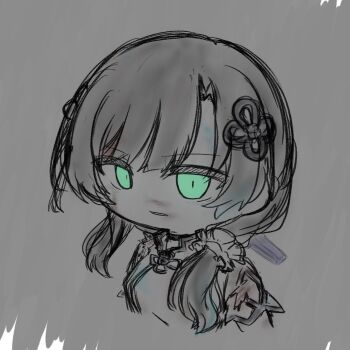 Rule 34 | 1girl, arm cutout, assault lily, black hair, blood, blood on arm, blood on clothes, blood on face, blue eyes, chibi, clothing cutout, commentary request, cropped arm, cropped torso, floral print, flower, flower knot, gradient background, green eyes, grey background, hair flower, hair ornament, hair over shoulder, hair scrunchie, highres, long hair, looking at viewer, parted lips, scrunchie, shirt, short sleeves, solo, tassel, tassel hair ornament, torn clothes, torn sleeves, umi (s5r1umi 1399), upper body, wang yujia, white scrunchie, white shirt