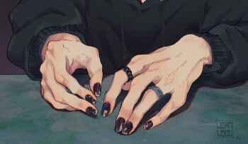 1boy black_hoodie black_nails bleeding blood close-up hand_focus highres hood hoodie jewelry male_focus multiple_rings original peeling ring self-harm solo upper_body wormudon