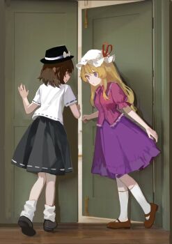 2girls aliaos black_hat black_shoes black_skirt blonde_hair bow brown_eyes brown_hair brown_shoes commentary door frills hair_between_eyes hat hat_bow hat_ribbon highres long_hair maribel_hearn mob_cap multiple_girls open_mouth opening_door pink_shirt puffy_short_sleeves puffy_sleeves purple_eyes purple_skirt red_ribbon ribbon shirt shoes short_hair short_sleeves skirt socks taboo_japan_disentanglement touhou usami_renko walking white_bow white_shirt white_socks