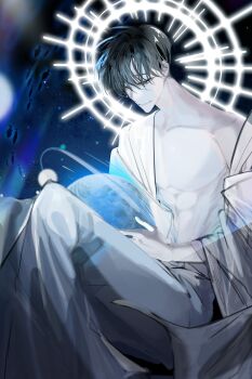 Rule 34 | 1boy, abs, absurdres, black eyes, black hair, earth (planet), halo, halo behind head, hayu beck, highres, holding planet, kim dokja, knees up, male focus, omniscient reader's viewpoint, open clothes, open robe, pectorals, planet, robe, short hair, smile, solo, toned, toned male, white robe