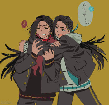 2boys :d arms_around_neck asymmetrical_hair black_hair black_hoodie black_jacket black_pants blazer braid braided_bangs brown_eyes closed_eyes clothes_grab colored_speech_bubble commentary_request cowboy_shot dark-skinned_male dark_skin dual_persona feather_hair_ornament feathers furrowed_brow gold_trim grin hair_ornament hairstarfish hands_up hood hood_down hoodie jacket jacket_over_hoodie jamil_viper legs_apart light_persona long_hair looking_at_another low_ponytail lower_teeth_only male_focus multiple_boys night_raven_college_school_uniform open_clothes open_jacket open_mouth pants peanut_mouth ponytail red_hoodie school_uniform sketch sleeve_grab sleeves_past_wrists smile speech_bubble teeth translated twisted_wonderland twitter_username two-sided_fabric two-sided_jacket two-tone_hoodie white_hoodie