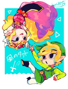 1boy 1girl blonde_hair blue_eyes commentary_request dress elbow_gloves floating_hair gloves hat link long_dress long_hair looking_at_viewer multicolored_hair multiple_girls nintendo pointy_ears princess_zelda repikinoko the_legend_of_zelda the_legend_of_zelda:_spirit_tracks the_legend_of_zelda:_the_wind_waker tiara toon_link toon_zelda