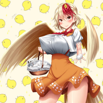 1girl animal animal_on_head basket bird bird_on_head bird_tail bird_wings blonde_hair blush breasts covered_navel cowboy_shot egg highres kawahagitei large_breasts looking_at_viewer multicolored_hair niwatari_kutaka no_panties on_head orange_skirt patterned_background puffy_short_sleeves puffy_sleeves pussy_juice pussy_juice_drip pussy_juice_trail red_eyes red_hair red_neckwear shirt short_hair short_sleeves sign skirt smile solo standing streaked_hair tail taut_clothes touhou translation_request white_shirt wings