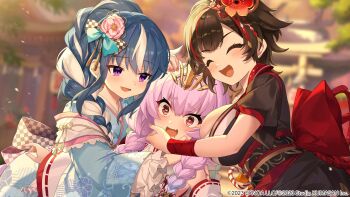 :d ^_^ absurdres artist_collaboration black_hair black_kimono blue_hair blue_kimono blurry blurry_background blush bob_cut botticelli_(girls_creation) bouguereau_(girls_creation) bow braid braided_ponytail breasts closed_eyes commentary_request copyright_notice detached_sleeves drooling fang flipped_hair flower frilled_sleeves frills game_cg gaou_(umaiyo_puyoman) girls_creation hair_between_eyes hair_flower hair_ornament happy head_hug heart heart_in_eye highres huge_breasts japanese_clothes jitome kimono lips long_hair long_sidelocks long_sleeves miko multicolored_hair multiple_girls nauribon obi official_art open_mouth pink_hair purple_eyes raised_inner_eyebrows red_bow red_hair rodin_(girls_creation) sash short_hair short_sleeves shrine sidelocks smile standing streaked_hair symbol_in_eye thick_eyebrows twin_braids v-shaped_eyebrows white_hair white_kimono wide_sleeves