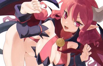 1girl absurdres ako_(hoshiya_830) bare_legs bent_over breasts choppy_bangs claw_pose cleavage commentary commentary_request demon_girl demon_horns demon_tail demon_wings detached_sleeves disgaea fang fingernails highres horns large_breasts leotard long_hair looking_at_viewer necktie open_mouth pink_eyes pink_hair pink_leotard pointy_ears red_necktie revealing_clothes sharp_fingernails shiny_skin sideboob solo succubus_(disgaea) swept_bangs tail v-shaped_eyebrows very_long_hair wing_cape wings