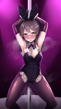 1girl animal_ears armpits black_gloves black_hair black_leotard black_pantyhose blue_ribbon blush detached_collar elbow_gloves fake_animal_ears gloves hair_between_eyes kantai_collection leotard long_hair money open_mouth oyashio_(kancolle) pantyhose playboy_bunny rabbit_ears ribbon sasakura_(calicchio) solo tears wrist_cuffs yellow_eyes