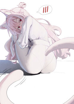 1girl absurdres akira_(blue_archive) animal_ears ass atomusuku blue_archive blush grey_hair highres long_hair looking_at_viewer red_eyes simple_background sitting solo tail white_background white_hair