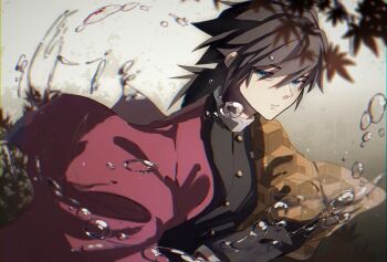 1boy arima_(arima_onsen) black_hair black_jacket blue_eyes buttons commentary_request demon_slayer_uniform gold_buttons haori high_collar highres jacket japanese_clothes katana kikkoumon kimetsu_no_yaiba long_hair looking_at_viewer low_ponytail male_focus parted_lips ponytail print_haori red_haori solo spiked_hair sword teeth tomioka_giyuu upper_body water weapon