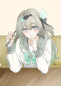 1girl absurdres black_hairband black_ribbon bow bowtie collared_shirt firefly_(honkai:_star_rail) firefly_(spring_missive)_(honkai:_star_rail) fork gradient_hair green_bow green_bowtie grey_hair grey_sailor_collar hair_between_eyes hair_intakes hair_ornament hair_ribbon hairband highres holding holding_fork honkai:_star_rail honkai_(series) long_hair long_sleeves miyura1010 multicolored_hair ribbon sailor_collar shirt solo white_shirt white_sleeves
