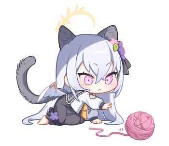 1girl :< all_fours animal_ears azusa_(blue_archive) bamyamsj barefoot black_dress black_ribbon black_sailor_collar blue_archive blush cat_ears cat_girl cat_tail chibi chibi_only closed_mouth commentary_request crescent_halo dress dress_flower extra_ears fang feathered_wings flower frilled_dress frilled_sailor_collar frills full_body grey_hair hair_between_eyes hair_flower hair_ornament hair_ribbon halo kemonomimi_mode korean_commentary long_hair long_sleeves low_wings purple_eyes purple_flower reaching ribbon sailor_collar school_uniform serafuku shirt sidelocks simple_background solo tail v-shaped_eyebrows very_long_hair white_background white_shirt white_wings wings yarn yarn_ball yellow_halo
