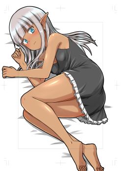 1girl absurdres bare_shoulders barefoot black_negligee blue_eyes blush dark-skinned_female dark_elf dark_skin elf embarrassed grey_hair highres karla_(kono_healer_mendokusai) kono_healer_mendokusai lingerie long_hair looking_at_viewer lying negligee official_art on_side pointy_ears shiny_skin solo tannen_ni_hakkou underwear white_background