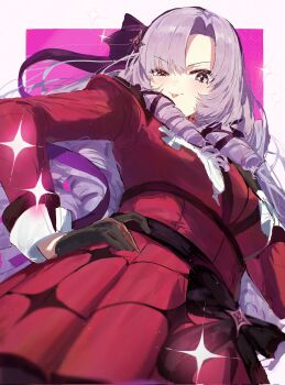 1girl :p black_gloves black_hairband border breasts dress drill_hair from_below gloves hairband half-closed_eye hand_on_own_hip highres hyakumantenbara_salome kouchanthree long_hair looking_at_viewer medium_breasts nijisanji purple_eyes purple_hair red_dress solo sparkle tongue tongue_out white_border