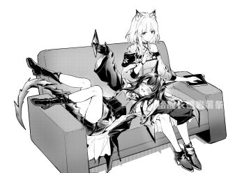 Rule 34 | 2girls, absurdres, arknights, bare shoulders, boots, commentary request, couch, dress, highres, jacket, kal'tsit (arknights), lap pillow, long sleeves, lying, mon3tr (arknights), multiple girls, off-shoulder jacket, off shoulder, on back, on couch, open clothes, open jacket, penny (douding), puffy long sleeves, puffy sleeves, simple background, sitting, sleeveless, sleeveless dress, watermark, white background, wide sleeves