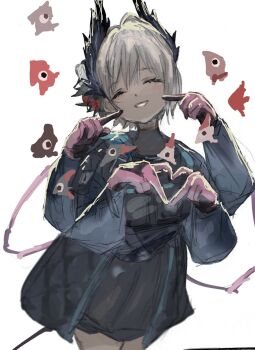 1girl arknights bird_girl black_feathers black_gloves blush cable cable_tail closed_eyes commentary dark-skinned_female dark_skin extra_arms feathers fish flower four-finger_heart_hands gloves grey_hair hair_flower hair_ornament head_wings heart heart_hands highres jacket kukyo_990 mechanical_tail multicolored_gloves pink_gloves raidian_(arknights) short_hair simple_background smile solo tail two-tone_gloves white_background wings