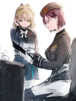 2girls blonde_hair clipboard commentary_request earrings from_side gloves green_eyes hair_ornament hat heaven_burns_red highres holding holding_clipboard jewelry kulfiq military_hat military_uniform multiple_girls nanase_nanami_(heaven_burns_red) purple_hair tezuka_saki