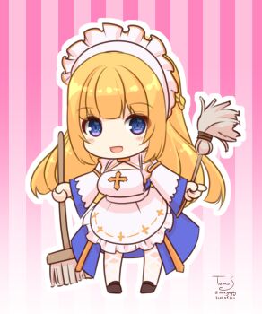 Rule 34 | 1girl, apron, arch bishop (ragnarok online), black shoes, blonde hair, blue dress, blue eyes, blush, broom, chibi, chibi only, commentary request, cross, dated, dress, duster, fishnet thighhighs, fishnets, full body, gradient background, highres, holding, holding broom, holding duster, long hair, looking at viewer, maid headdress, open mouth, pink background, ragnarok masters, ragnarok online, sakuraji tomoka, shoes, signature, smile, solo, striped background, thighhighs, two-tone dress, vertical-striped background, white apron, white dress, white thighhighs