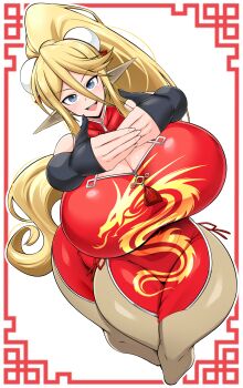 Rule 34 | 1girl, blonde hair, blue eyes, blush, border, breasts, centaur, centorea shianus, chinese clothes, cleavage cutout, clothing cutout, detached sleeves, double bun, dress, hair between eyes, hair bun, huge breasts, long hair, looking at viewer, monster musume no iru nichijou, open mouth, pointy ears, ponytail, red border, red dress, simple background, smile, solo, tail, taur, upper body, virusotaku, white background