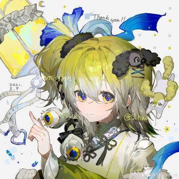 1girl chinese_commentary closed_mouth commentary_request commission dated dog_hair_ornament english_text hair_ornament highres long_sleeves medium_hair multicolored_eyes multicolored_hair one_side_up original portrait shirt smile solo thank_you two-tone_hair vihua6 watermark weibo_watermark white_shirt x_hair_ornament