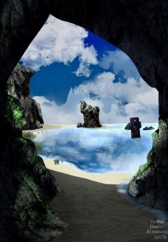 Rule 34 | artist name, beach, blue sky, cave, cloud, commentary request, highres, horizon, in-universe location, no humans, sand, scenery, sky, toosut0, twitter username, water, watermark, xenoblade chronicles (series), xenoblade chronicles x, zohar