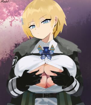 1girl blonde_hair blue_eyes breasts firstw1 girls&#039;_frontline grabbing_own_breast large_breasts paizuri_invitation solo tagme vsk-94_(girls&#039;_frontline)