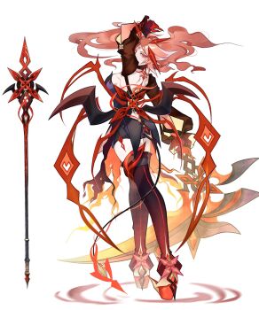 1girl arlecchino_(genshin_impact) arm_up back boots breasts colored_extremities crimson_moon&#039;s_semblance_(genshin_impact) from_behind full_body genshin_impact high_heels highres humanization large_breasts long_hair looking_at_viewer looking_back pale_skin polearm red_hair red_hands simple_background solo thigh_boots viviwi weapon white_background