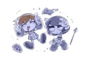 1boy 1girl abaddon_(haunted_hotel) blue_eyes brown_hair chibi coat commentary_request esther_freeling haunted_hotel highres horns_pose jar korean_commentary looking_at_another lua43_f polearm short_hair simple_background spear weapon white_background