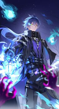 1boy absurdres ahoge antenna_hair bags_under_eyes black_coat blue_fire blue_hair chinese_commentary closed_mouth coat collared_coat expressionless fire flaming_eye flins_(genshin_impact) gem genshin_impact gradient_hair grey_pants hair_between_eyes highres holding holding_lantern huge_ahoge lantern long_hair looking_to_the_side looking_up multicolored_hair night night_sky no_pupils outdoors pants powering_up purple_gemstone shade sky solo standing star_(sky) starry_sky upper_body wavy_hair xuanjilingzhu yellow_eyes