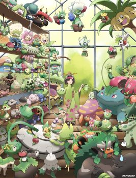 1girl ? absurdres alolan_exeggutor alolan_form appletun applin bellossom budew bulbasaur cacnea cacturne calyrex carnivine celebi cherrim cherrim_(overcast) cherrim_(sunshine) cherubi chespin chikorita closed_eyes commentary cottonee deerling deerling_(summer) eldegoss english_commentary exeggcute ferroseed ferrothorn flower_pot fomantis foongus full_body gen_1_pokemon gen_2_pokemon gen_3_pokemon gen_4_pokemon gen_5_pokemon gen_6_pokemon gen_7_pokemon gen_8_pokemon gloom_(pokemon) gossifleur green_kimono greenhouse grookey hanging_plant happy highres holding holding_flower_pot holding_watering_can hoppip japanese_clothes kartana kimono leafeon leavanny legendary_pokemon lileep lilligant lombre lotad ludicolo maractus morelull mythical_pokemon nintendo nuzleaf oddish pansage parasect petilil phantump plant pokemon pokemon_(creature) pokemon_lgpe potted_plant pumpkaboo rillaboom roselia_(pokemon) roserade rotom rotom_(mow) rowlet sandals seedot shaymin shaymin_(land) shaymin_(sky) short_hair shroomish skiddo snivy snover socks sp4evar spoken_question_mark steenee sunflora sunkern swadloon tangela tapu_bulu treecko tropius ultra_beast venusaur water_drop watering_can whimsicott white_socks wide_sleeves wooden_floor wormadam wormadam_(plant) zarude