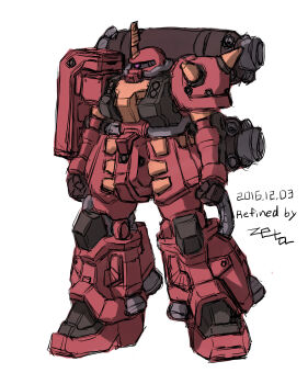 Rule 34 | 2016, cable, colored lineart, commentary, dated, english commentary, gundam, gundam thunderbolt, highres, mecha, mecha focus, mobile suit, no humans, one-eyed, original, radio antenna, redesign, robot, science fiction, shield, shoulder spikes, signature, sketch, spikes, thrusters, vernier thrusters, white background, z006, zaku, zeon