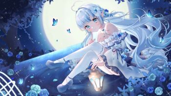 1girl ahoge artist_request bare_shoulders blue_butterfly blue_dress blue_eyes blue_flower blue_hair blue_shoes breasts bug bush butterfly butterfly_hair_ornament cleavage collar detached_collar dress flower full_moon hair_intakes hair_ornament high_heels highres indie_virtual_youtuber insect lamp long_hair long_sleeves looking_at_viewer medium_breasts moon multicolored_hair night off-shoulder_dress off_shoulder pointy_ears ripples second-party_source shoes sitting smile solo strapless strapless_dress thighhighs virtual_youtuber water white_collar white_hair white_thighhighs wide_sleeves yuzuki_rika_(vtuber)