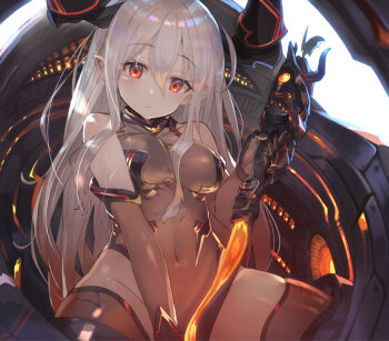 10s 1girl bare_shoulders breasts cleavage closed_mouth colo_mag-chan colossus_(granblue_fantasy) covered_navel draph elbow_gloves expressionless female_focus gloves granblue_fantasy hair_between_breasts hair_between_eyes halterneck head_tilt highleg highleg_leotard holding holding_staff horns large_breasts leotard long_hair looking_at_viewer navel original piloting pointy_ears red_eyes shiny_clothes shirabi silver_hair skin_tight solo staff thighhighs turtleneck very_long_hair