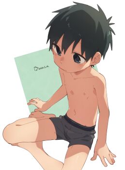 1boy bad_id bad_twitter_id barefoot black_hair black_male_underwear boxer_briefs closed_mouth collarbone dated highres inactive_account male_focus male_underwear navel nipples original short_hair shota sitting solo topless_male underwear wool_bl