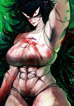 Rule 34 | 1girl, armpit hair, black hair, black panties, blood, blood on clothes, breasts, cleavage, commentary, commentary request, cowboy shot, degrees of lewdity, eden (degrees of lewdity), eden (female) (degrees of lewdity), english commentary, facial scar, highres, mixed-language commentary, muscular, muscular female, navel hair, panties, red eyes, scar, scar on arm, scar on breasts, scar on cheek, scar on face, scar on neck, scar on nose, scar on stomach, solo, underwear, yetiwang1000
