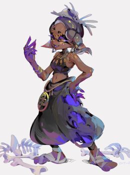 1girl bandages black_pants black_shirt bone breasts colored_eyelashes crop_top dark-skinned_female dark_skin earrings fangs frye_(splatoon) frye_(splatoween)_(splatoon) full_body gold_necklace grey_hair highres inkling jewelry multicolored_hair navel necklace nintendo official_alternate_costume open_mouth pants pointy_ears saildraws shirt simple_background smile solo splatoon_(series) splatoon_3 standing symbol-shaped_pupils tentacle_hair white_background yellow_eyes