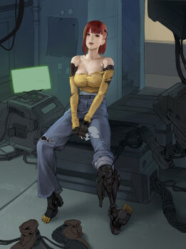 1girl asymmetrical_hair bare_shoulders boots breasts cigarette cleavage collarbone cyberpunk cyborg denim full_body highres holding holding_cigarette holographic_monitor jeans joints large_breasts looking_at_viewer machine no_bra no_legwear off-shoulder_sweater off_shoulder original pants pants_rolled_up prosthesis prosthetic_arm prosthetic_leg red_hair repairing robot_joints shoes unworn_shoes short_hair sitting smoking solo sweater toes torn_clothes torn_jeans torn_pants torn_sweater tyler_law undercut yellow_sweater